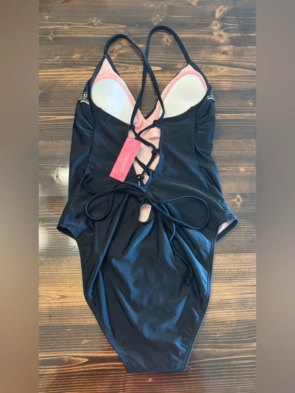 NWT Xhilaration Black One-Piece Swimsuit with  Floral‎ Embroidery Size L